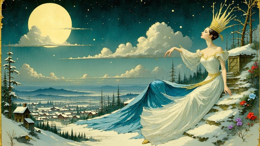 Ethereal Snow Queen Soars Through Winter's Night in Dreamlik...
