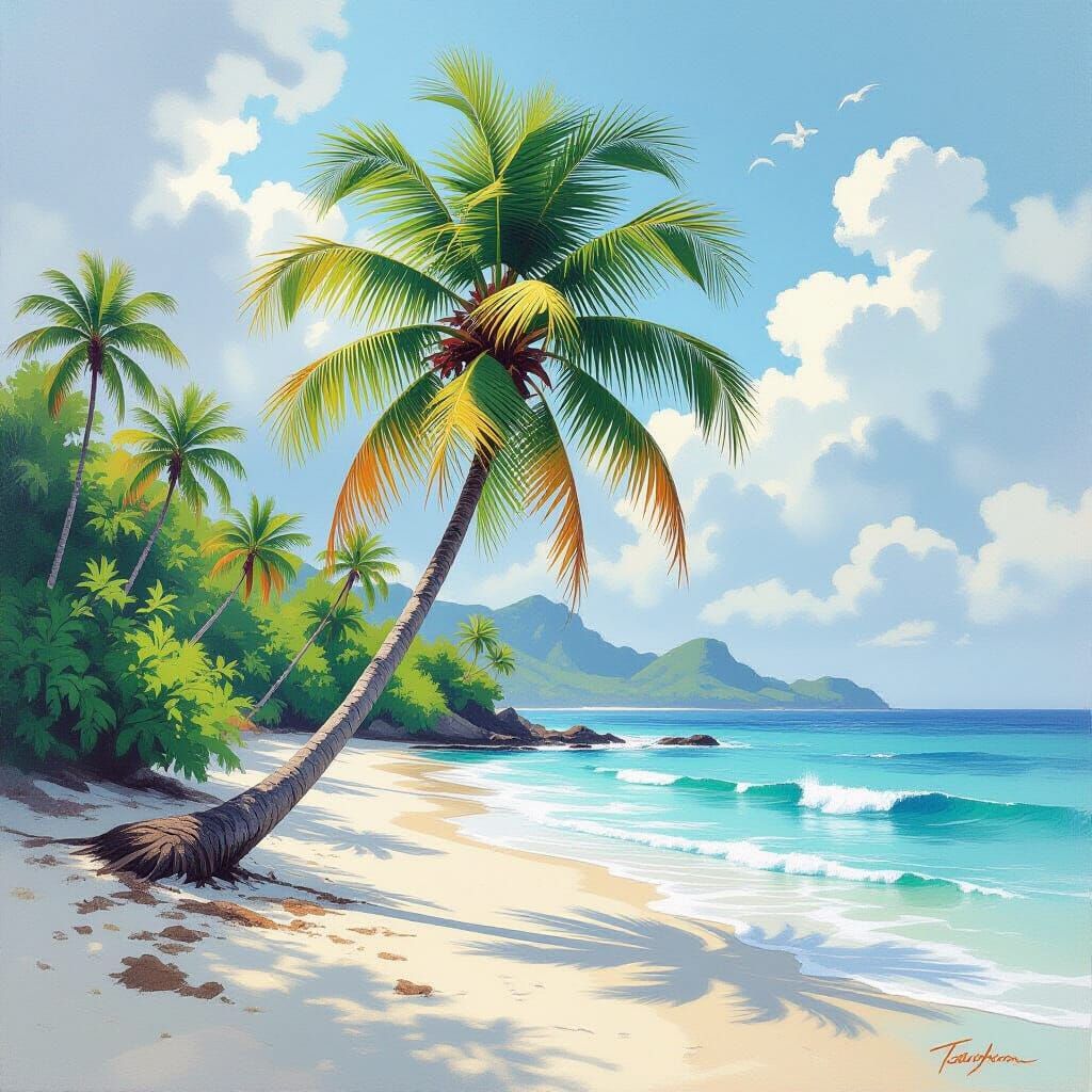 Coconut Tree on Beach in Charcoal, Neo-Expressionist Style