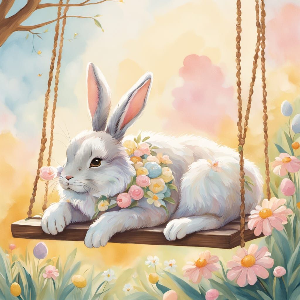 Easter Bunny Napping on Porch Swing in Golden Hour