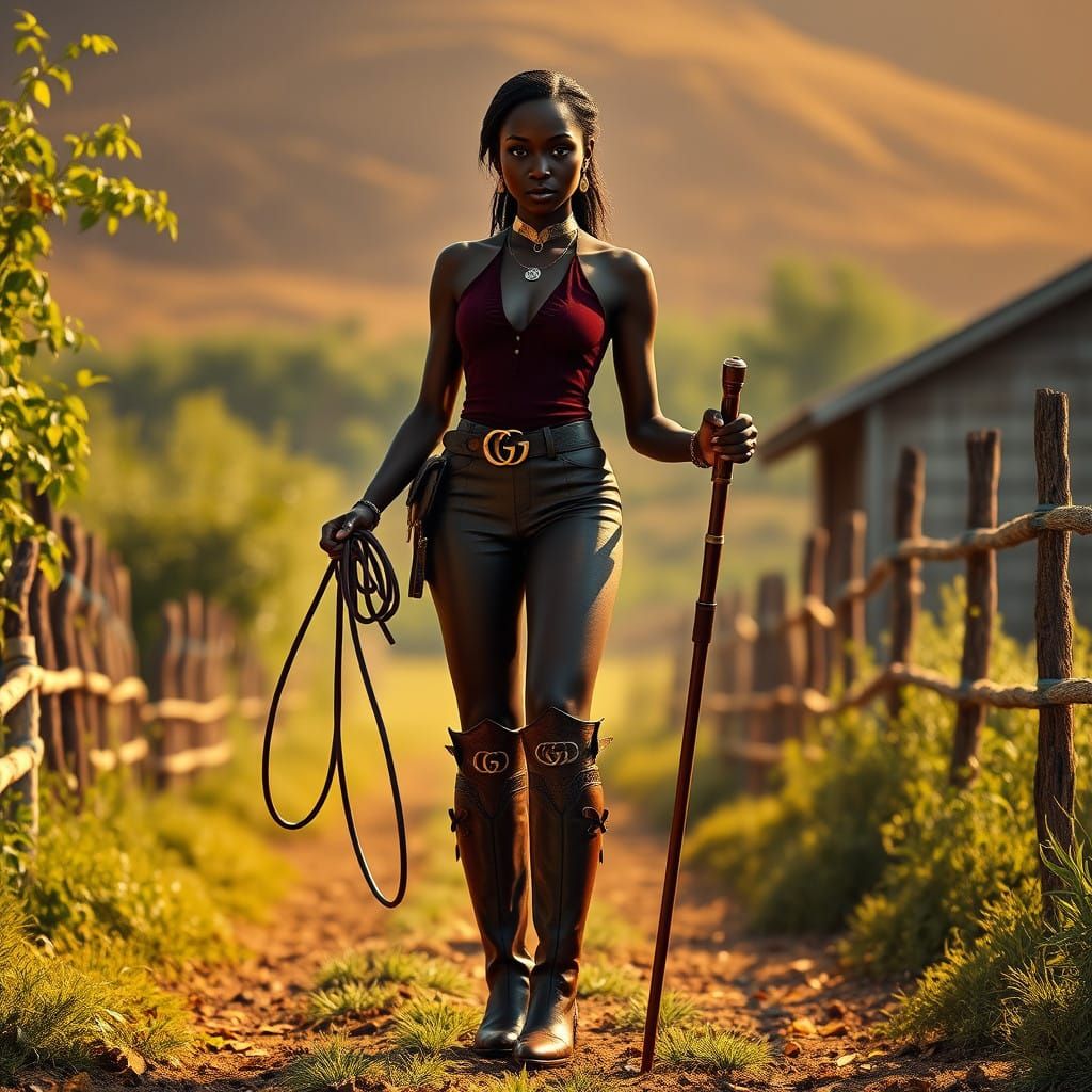 Elegant Dark Skinned Woman in Gucci Attire on a Farm