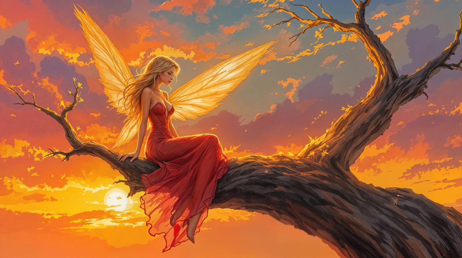 Golden Hour Fairy on Branch, Painterly Style