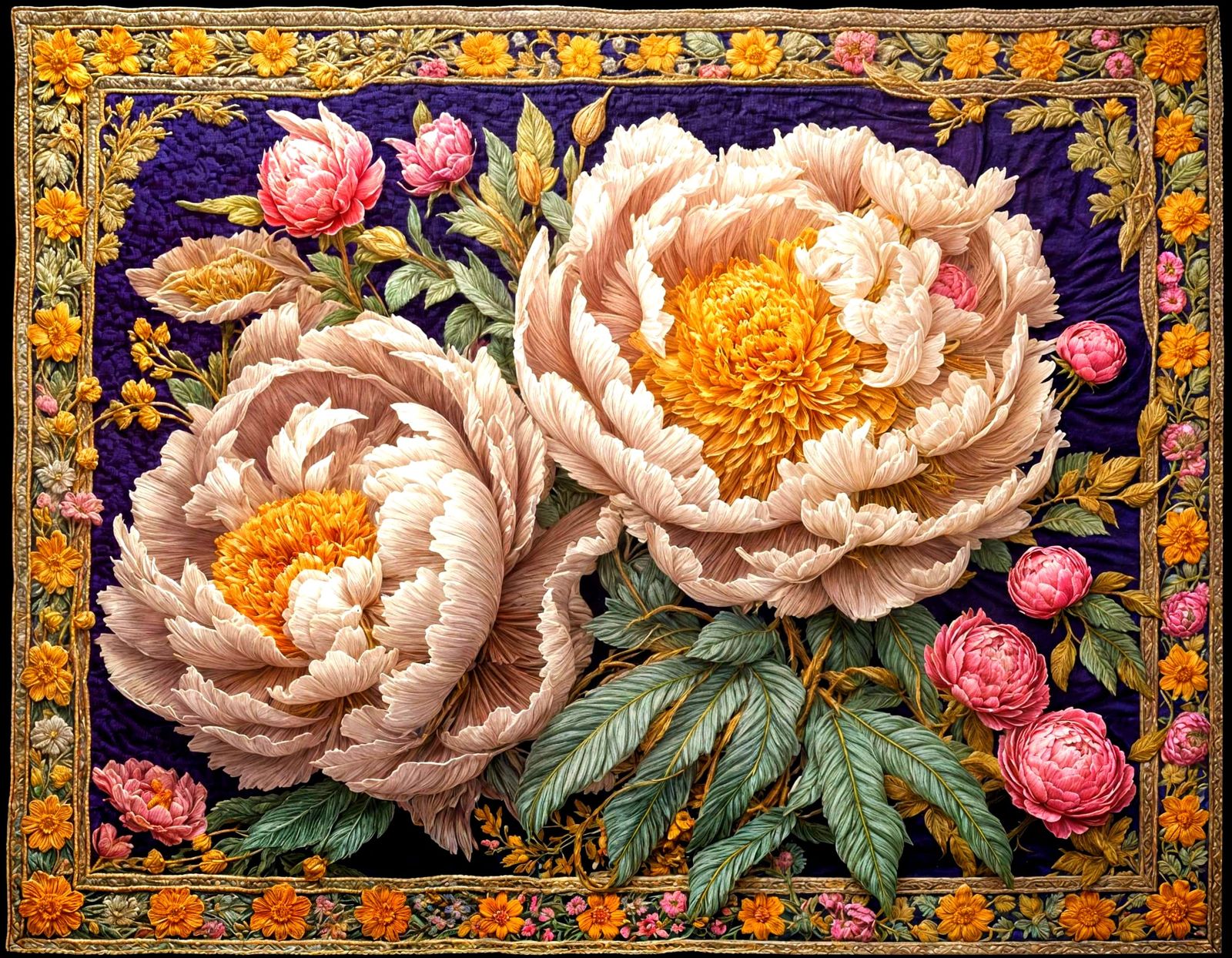 Lion and Cosmic Peonies Tapestry, Elaborate Embroidery