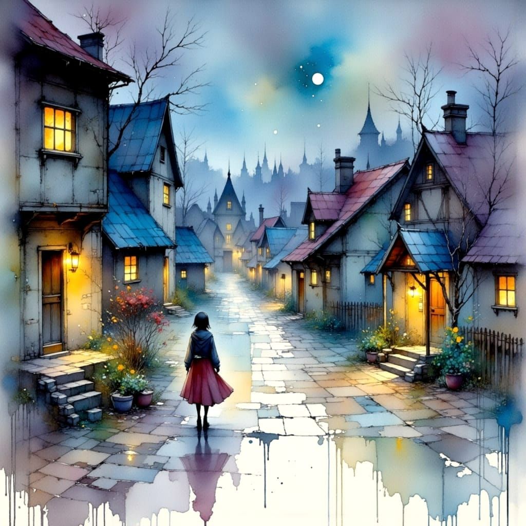 Whimsical Village Under Rainy Midnight Skies