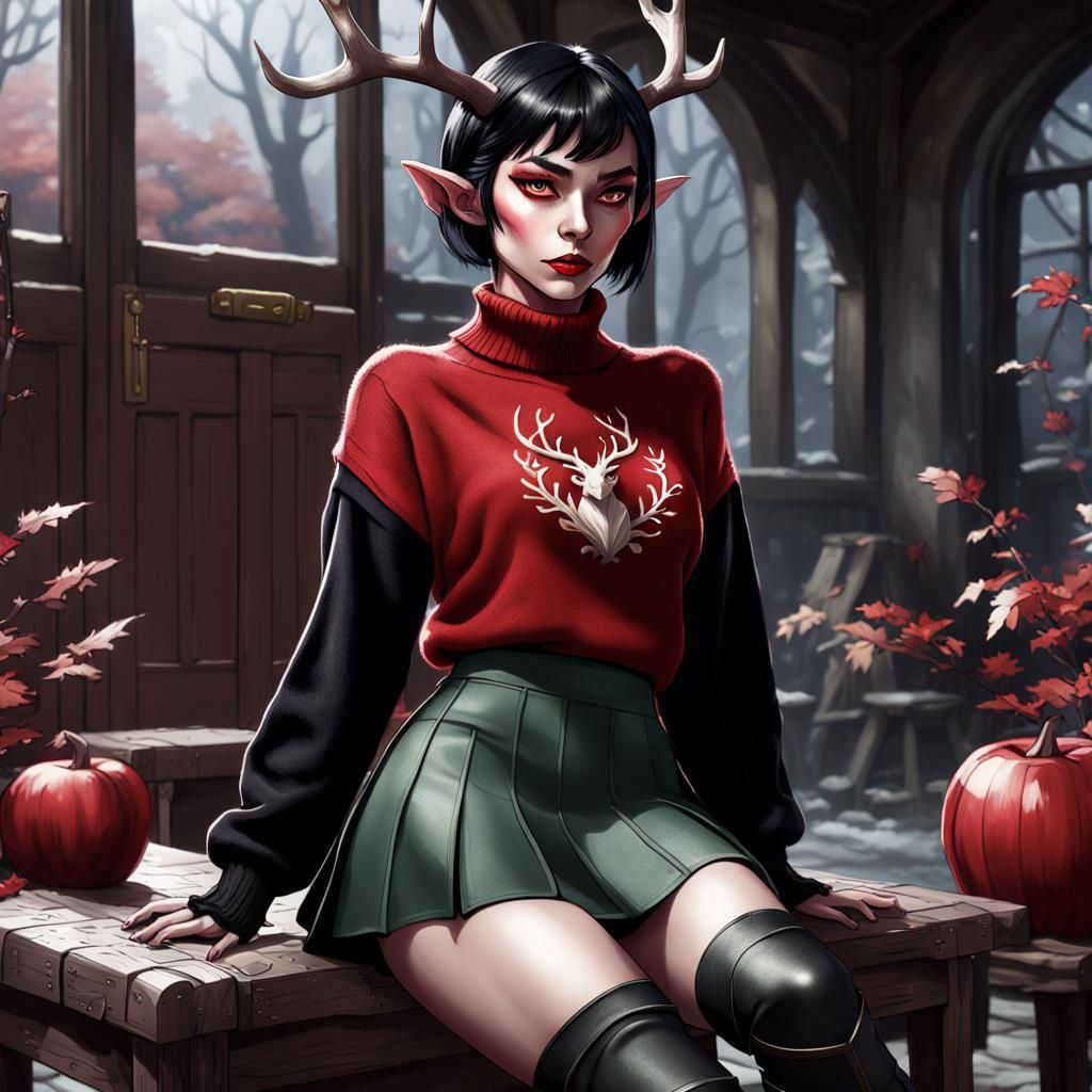 Elf with Antlers in Oversized Sweater, Fantasy Art