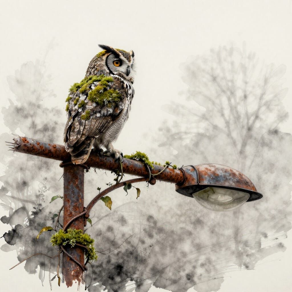 Mossy Owl on Rusted Streetlamp in Watercolour Expressionism