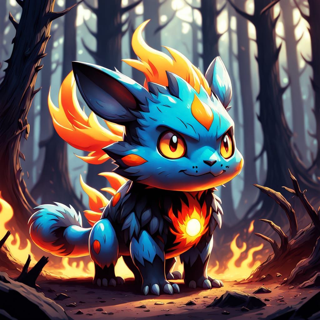 Vibrant Flame Fox in Burnt Forest, Anime Style