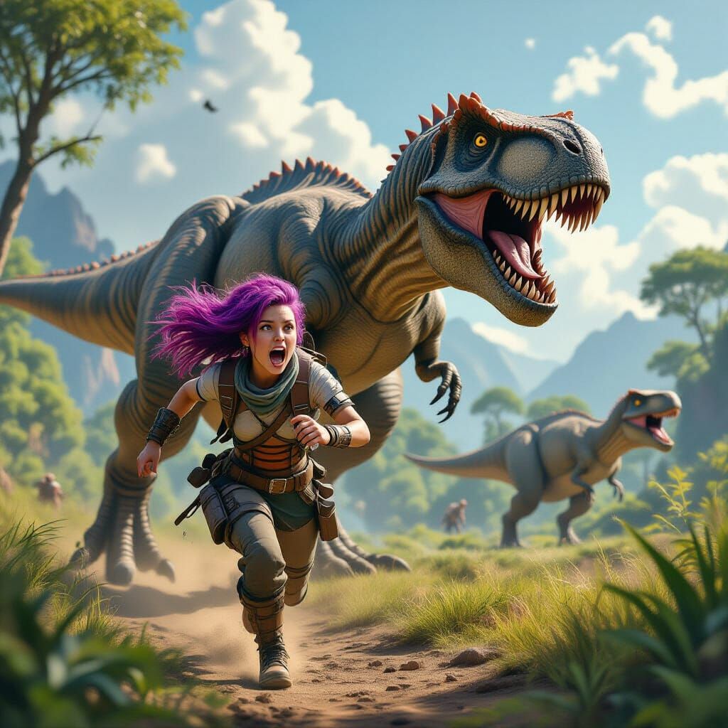 Girl Running from T-Rex in Lush Dinosaur World