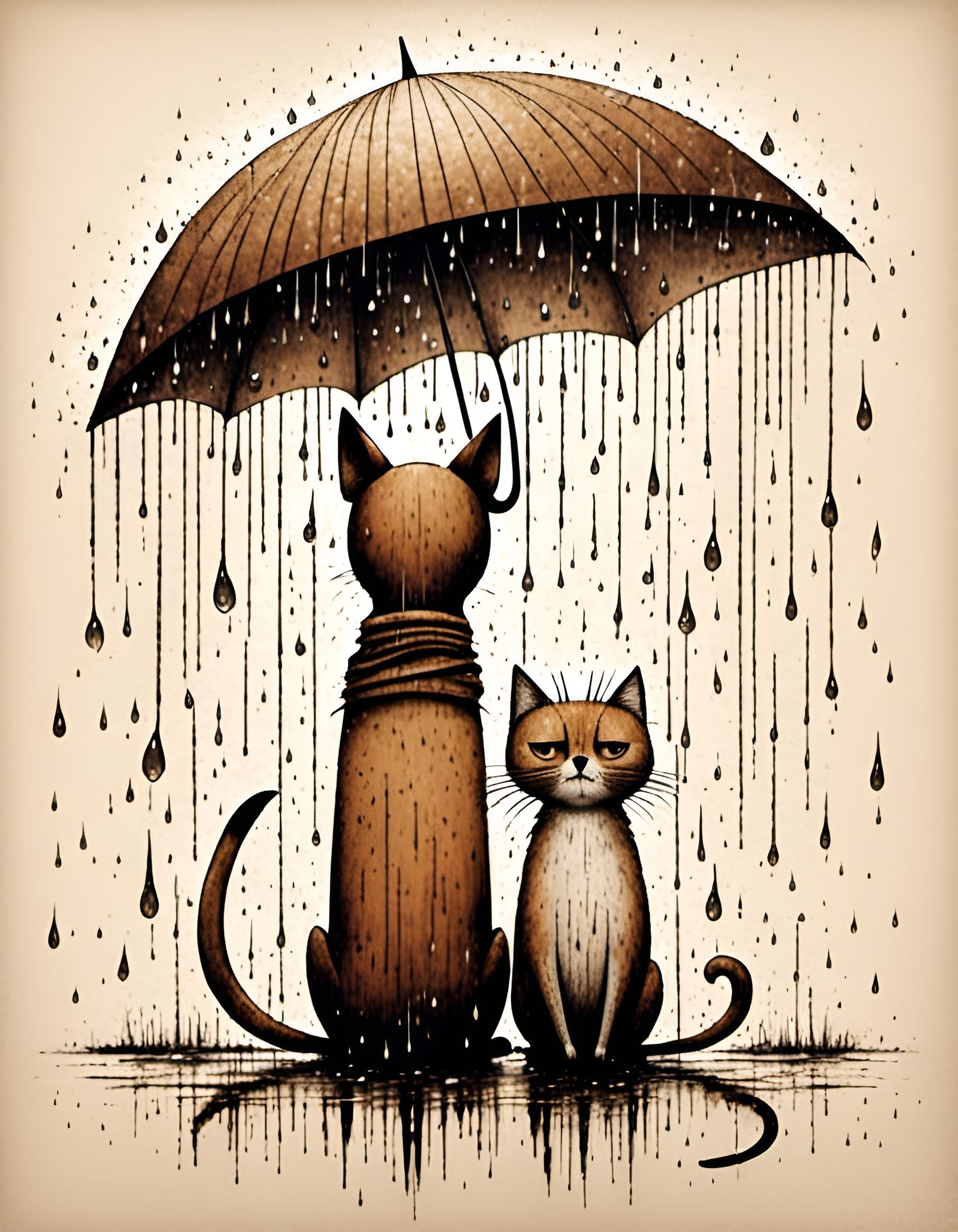 Dog and Cat Caricature in the Rain