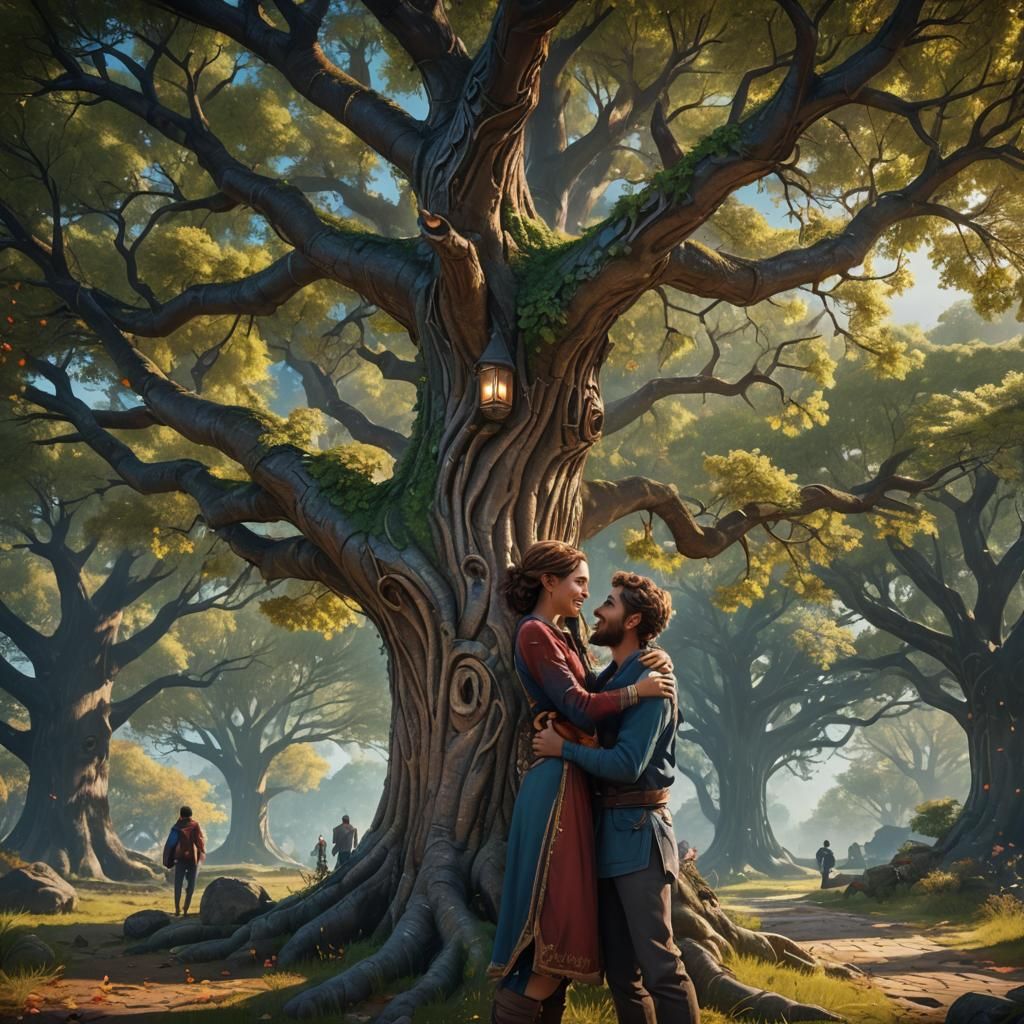Couple Hugging Under a Tree: Fantasy Concept Art
