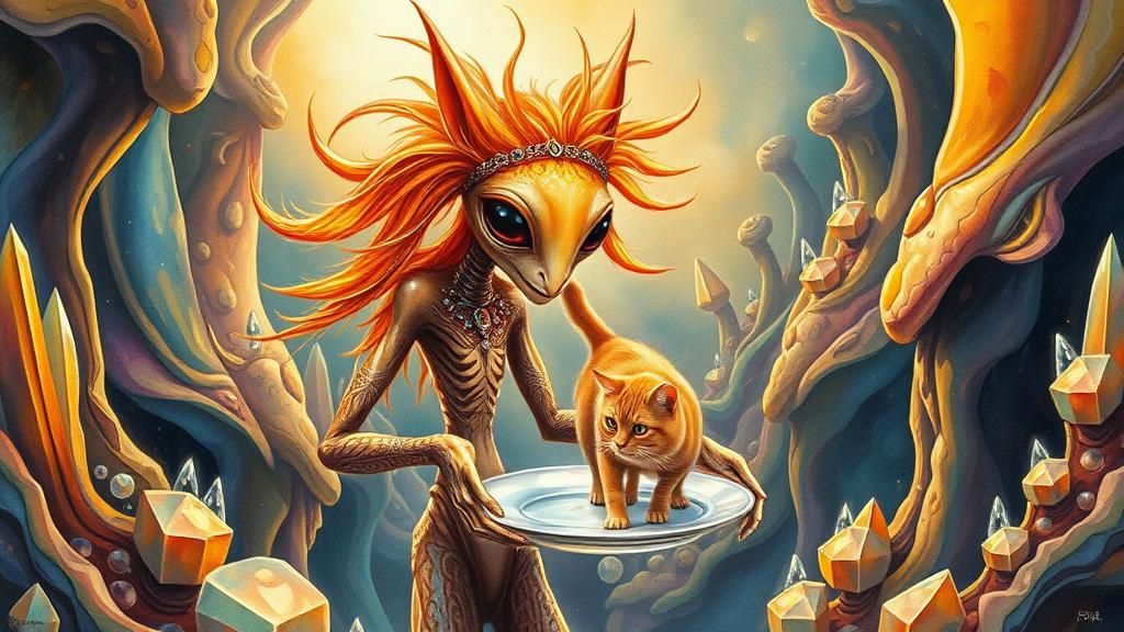 Mystical Alien Presents a Cat in Dreamscape World