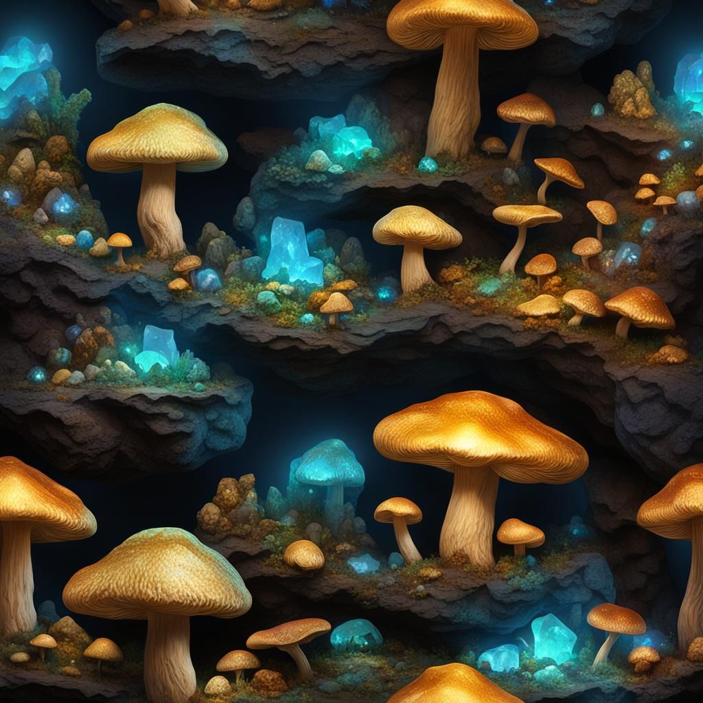 Glowing Mushrooms in Bioluminescent Cave with Crystals