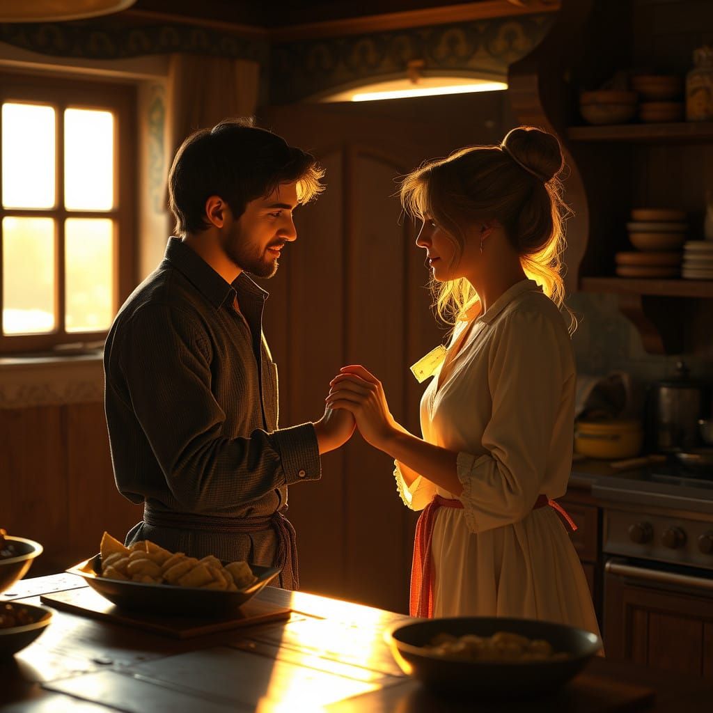 Tender Moment in a Warm Rustic Kitchen Scene