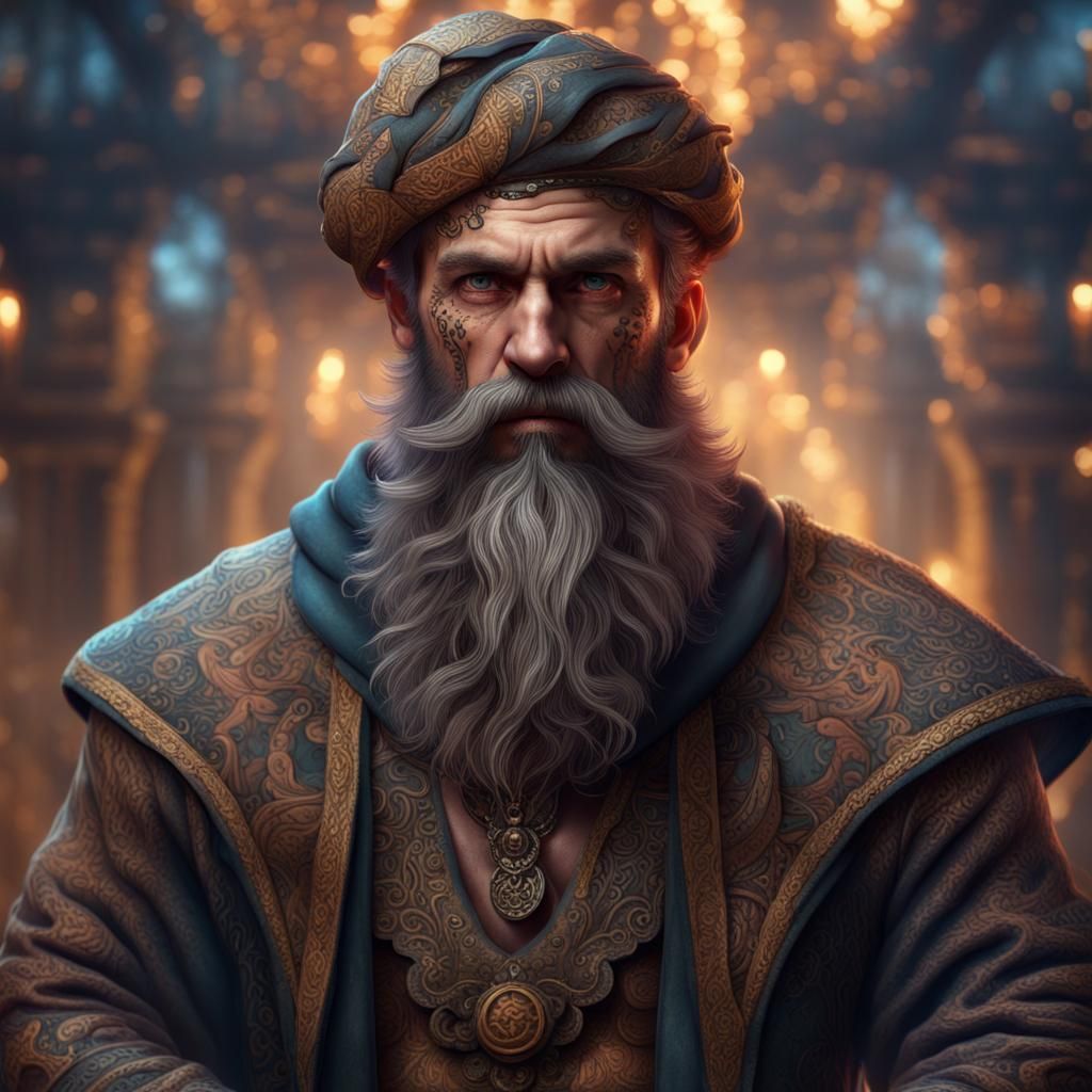 Radiant Tattooed Man with Glowing Eyes