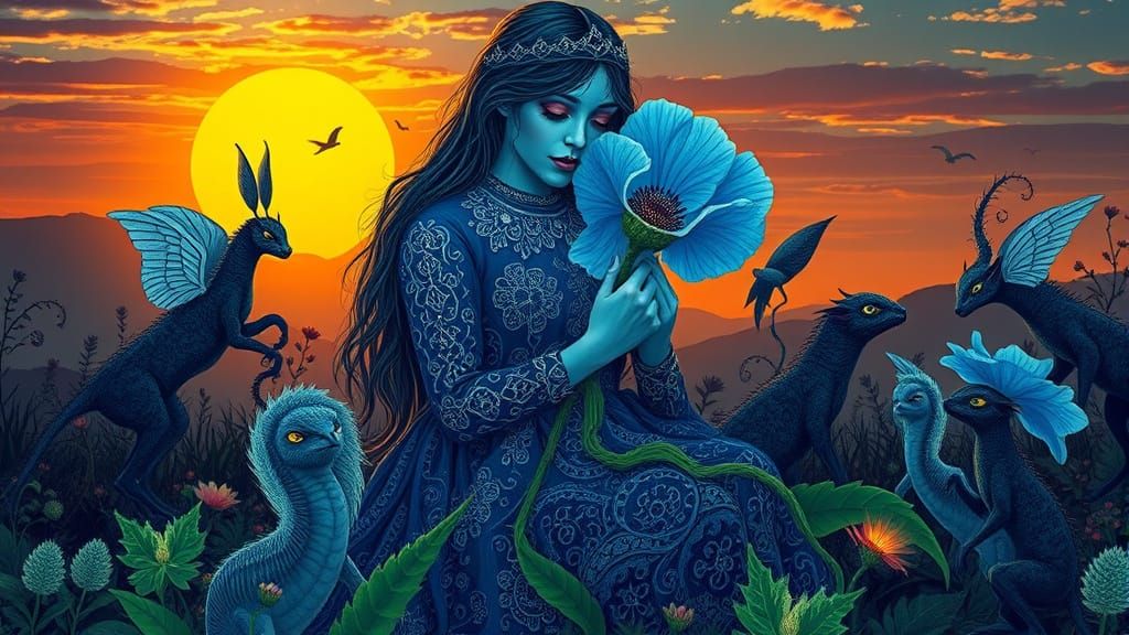 Bohemian Figure with Blue Poppy in Biomechanical Art