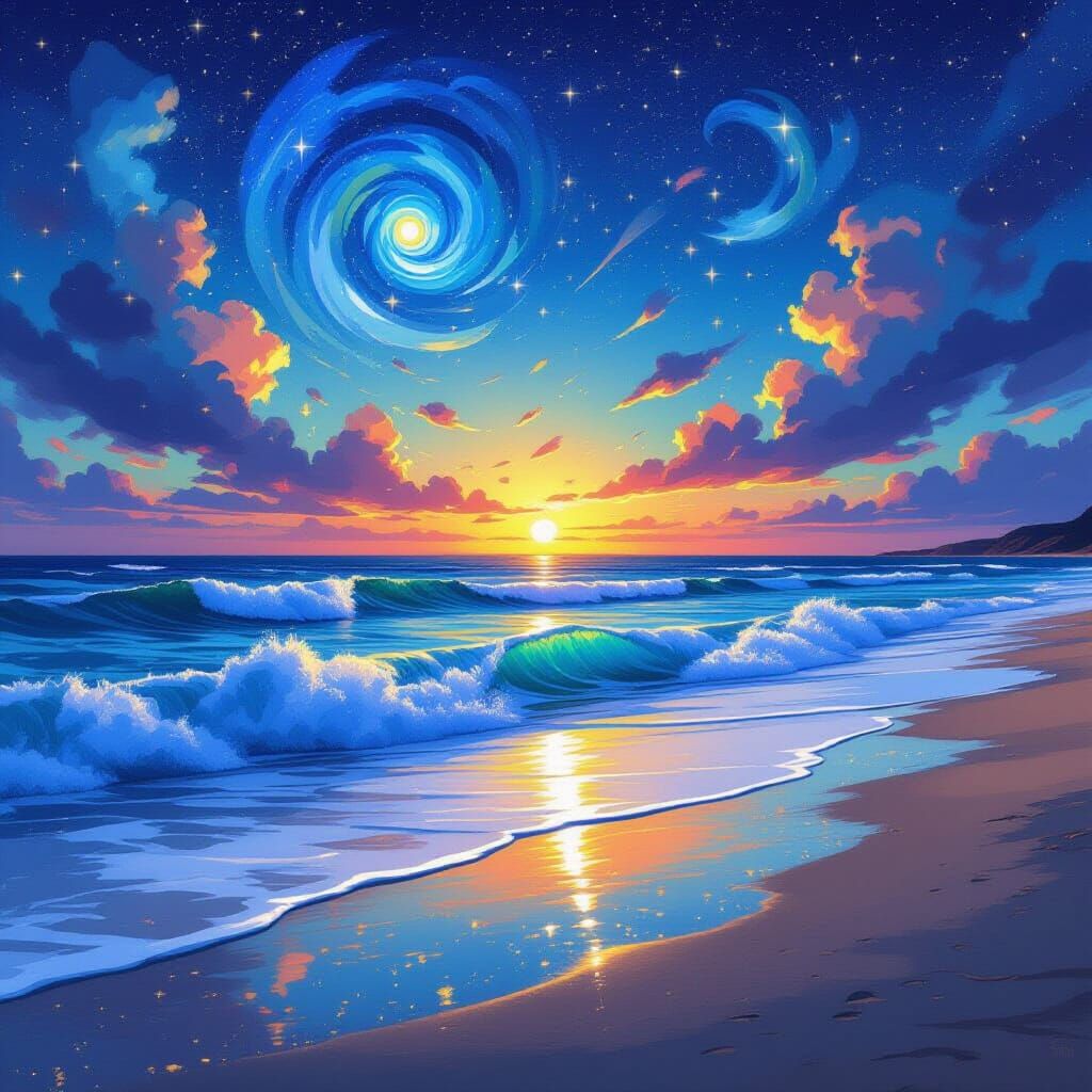 Majestic Ocean Waves Under Starry Sky, Impressionist Style