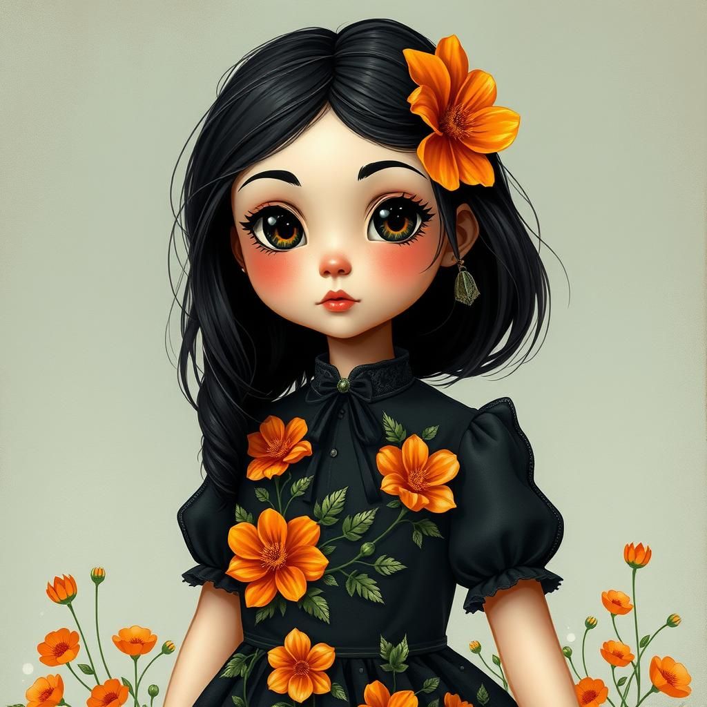 Girl with Butterflies and Scissors, Expressive Painting