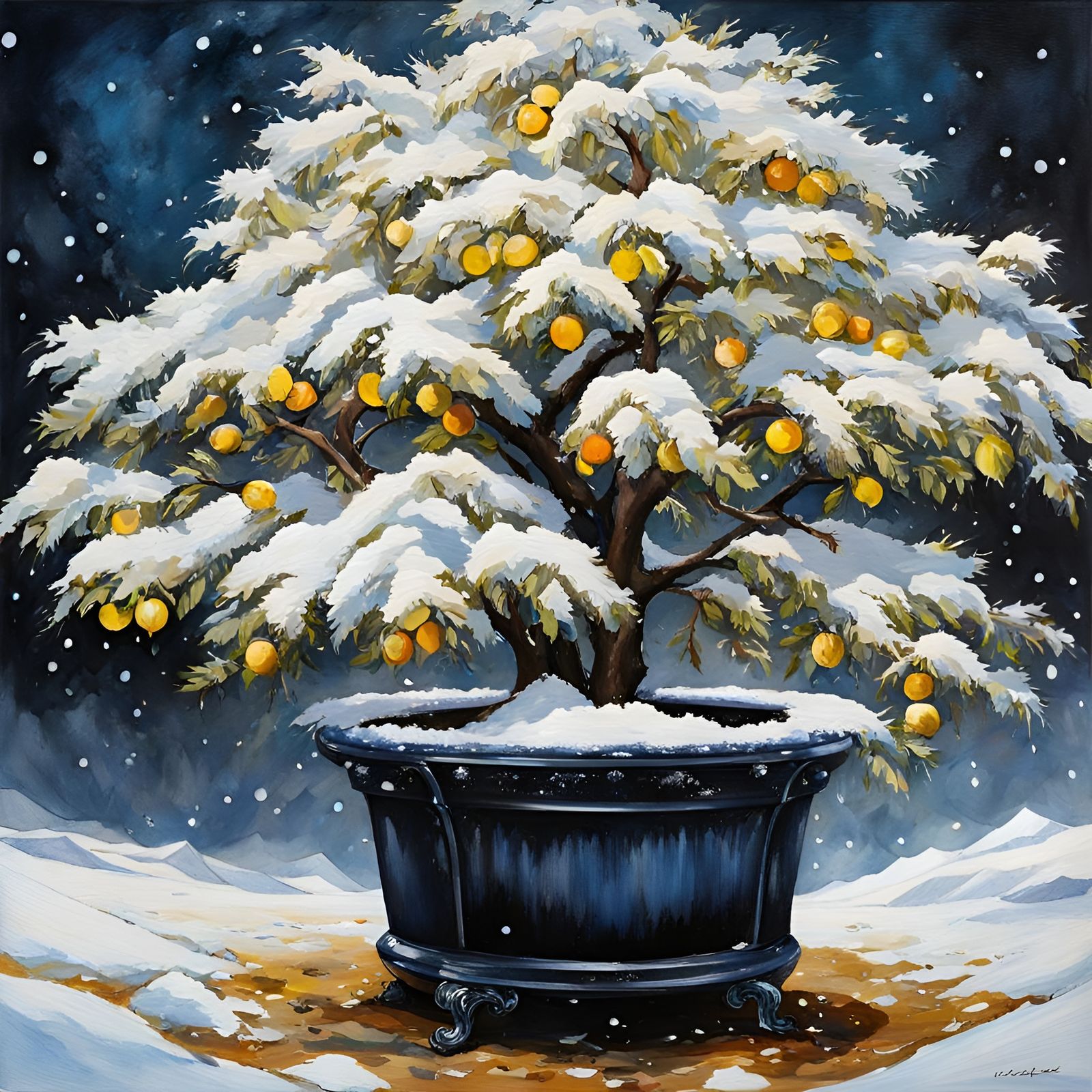 Fruited Lemon Tree in Snow, Watercolor Painting