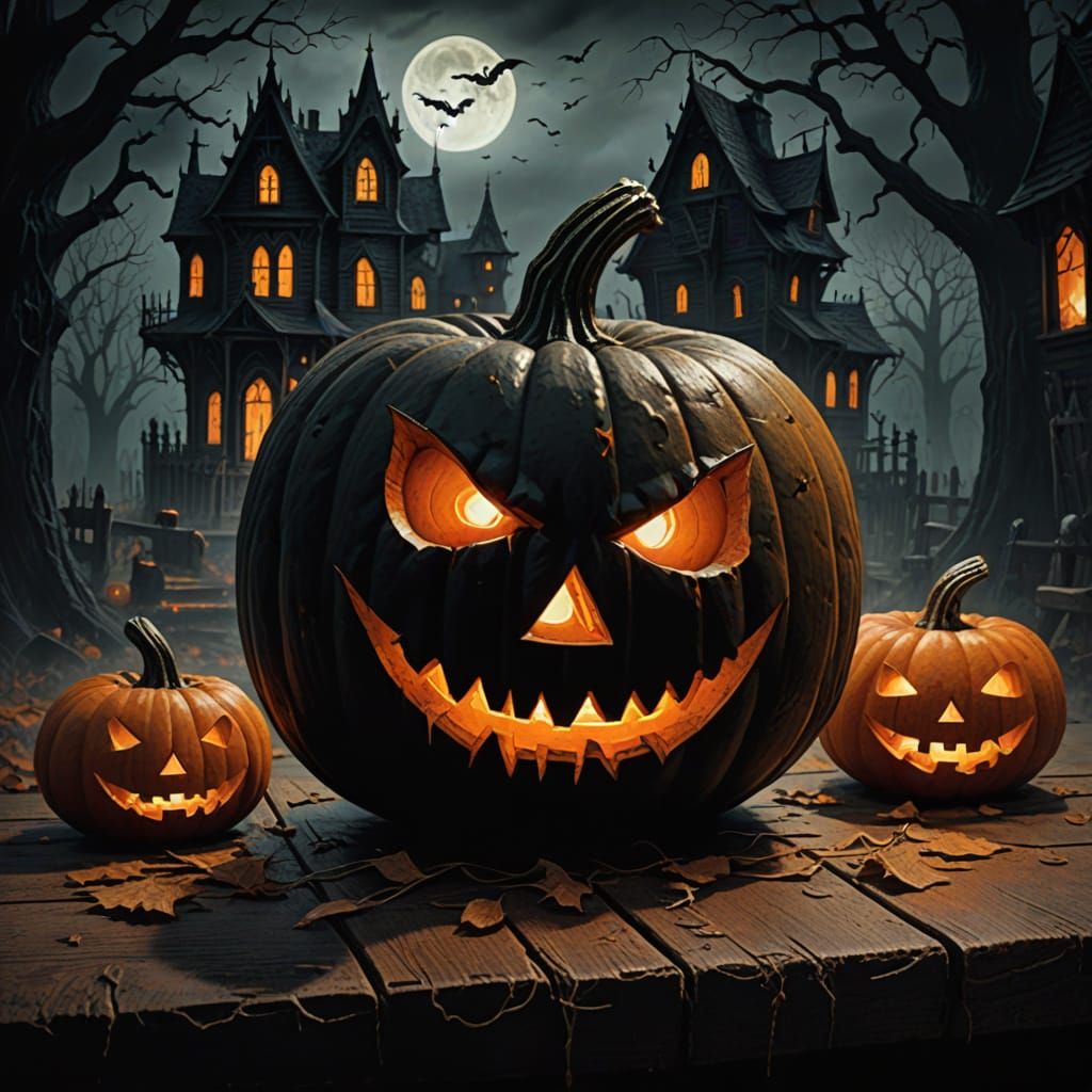 Sinister Jack-o'-Lantern on Table in Dark Fantasy Style