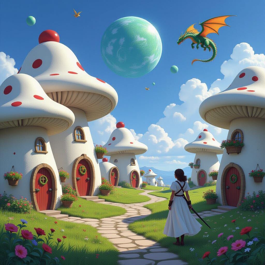 Mushroom Village with Woman and Dragon Under Violet Sky
