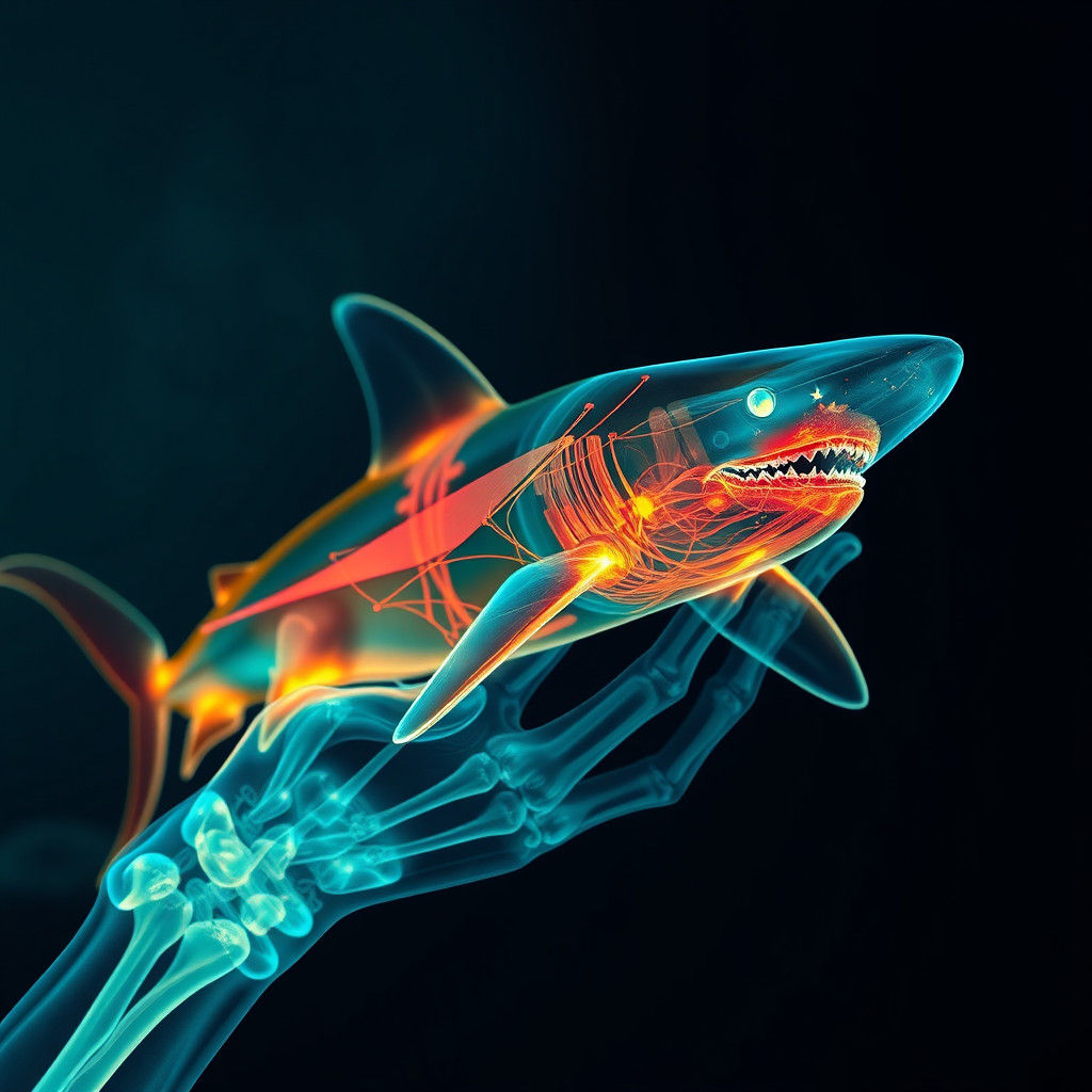 Bioluminescent Shark Swimming at Night: Hyperrealistic X-Ray