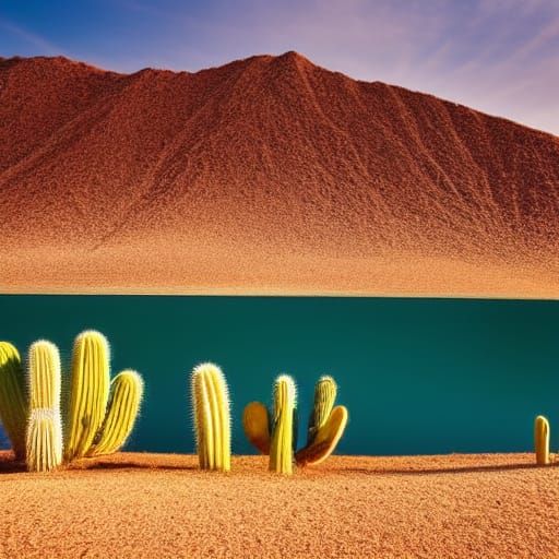 Desert Oasis: Lake, Mist, and Cactus Landscape