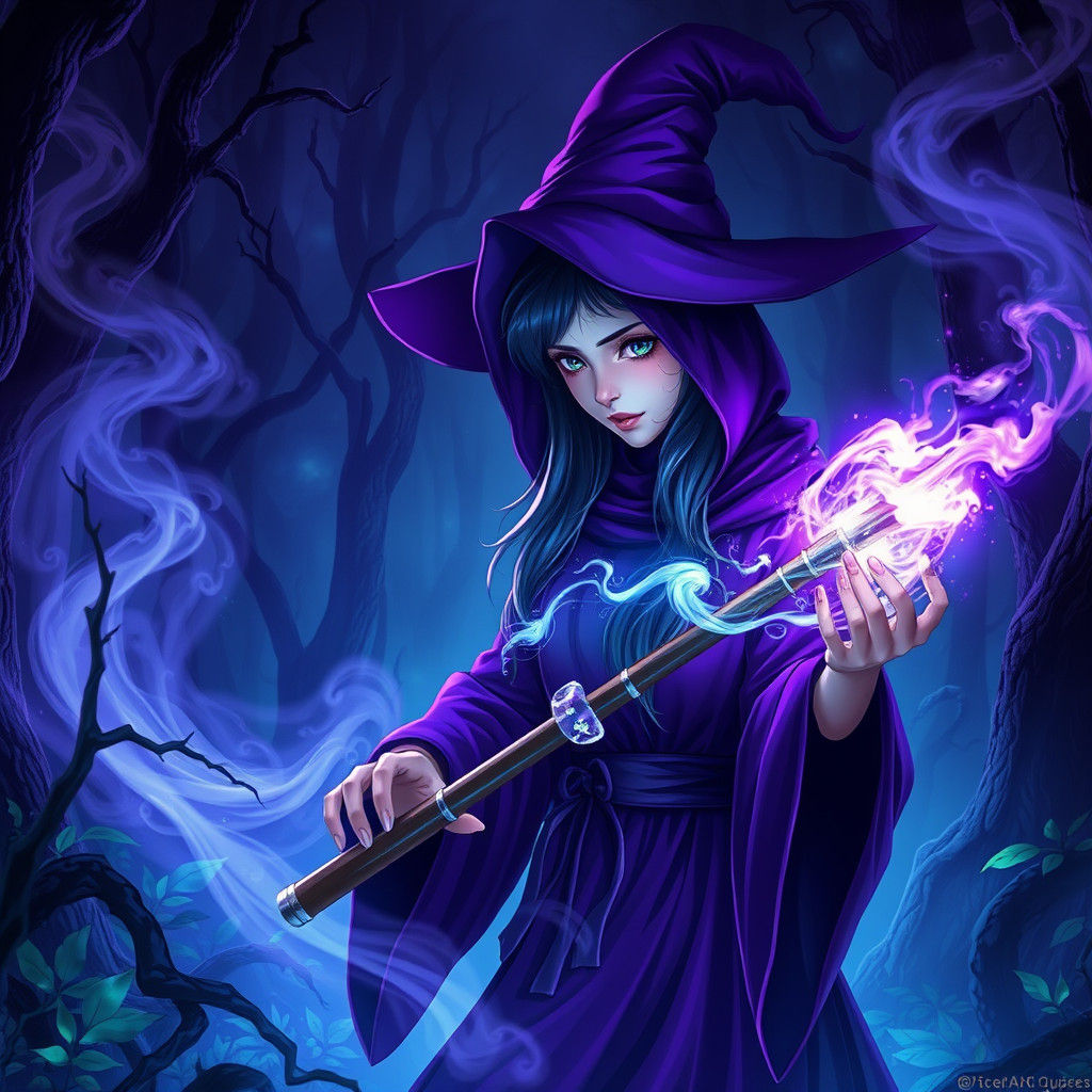 Purple Anime Witchcraft in Mystical Forest