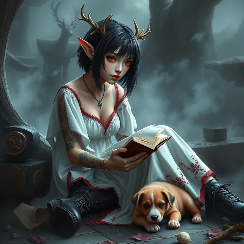 Elf with Antlers Reading a Book: Fantasy Art