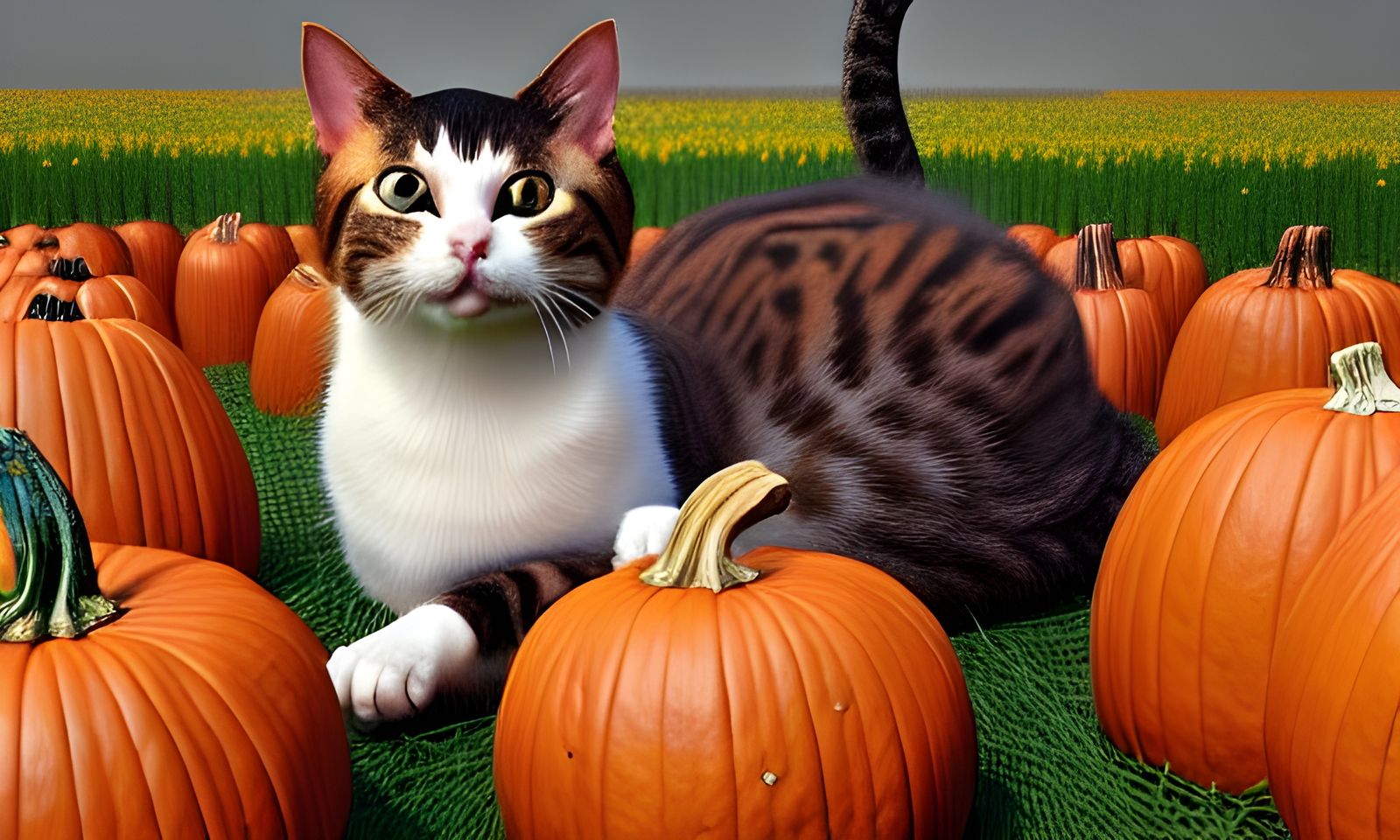 Cat Lady Relaxing in Pumpkin Patch, Photorealistic Painting