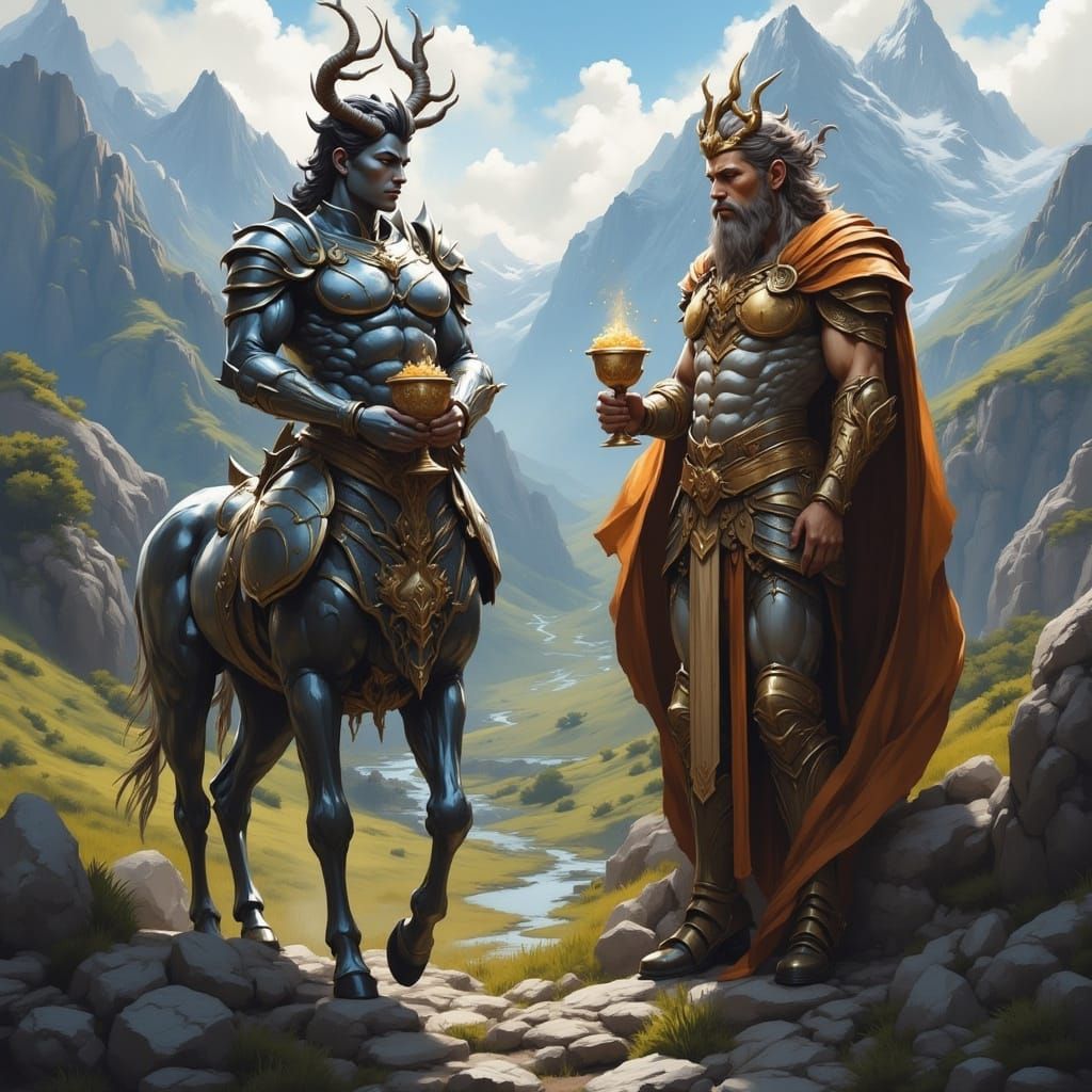 Armored Centaur Awaits King in Mountain Landscape