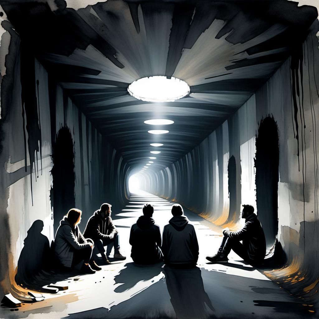 Poignant Scene of Hope in Dark Tunnel, Watercolor Abstract