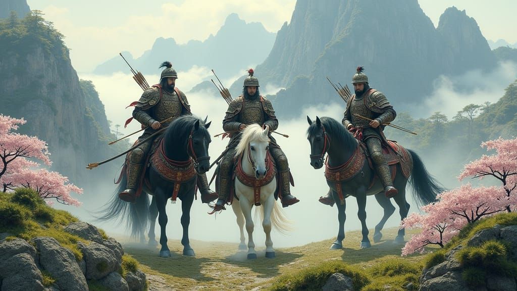 Chinese Warriors in Dark Fantasy Landscape