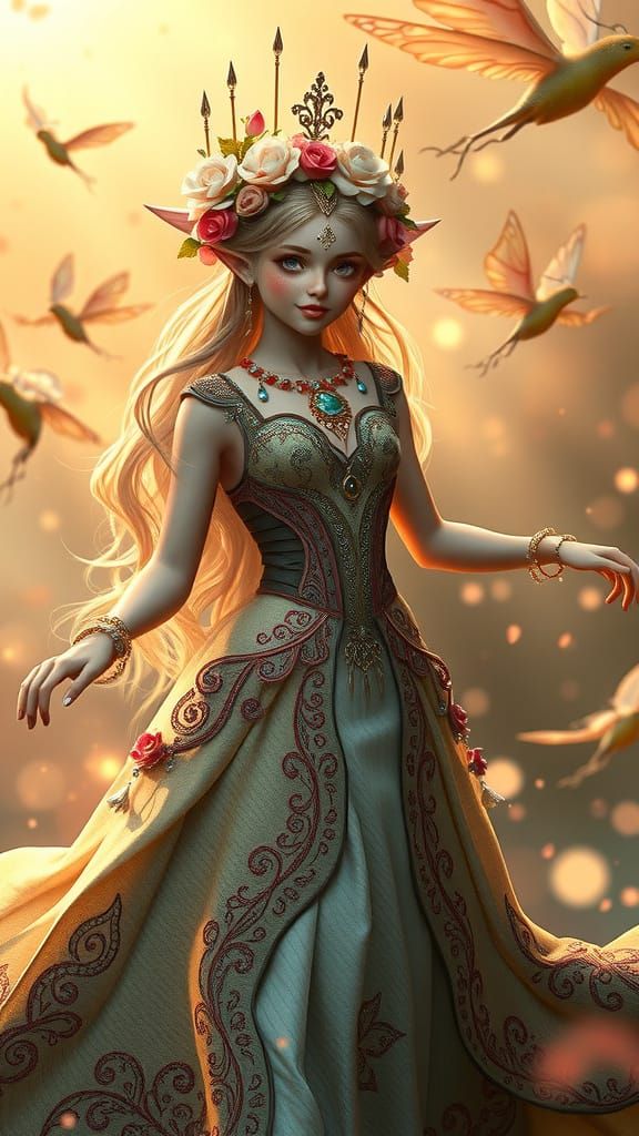 Regal Elf Princess in Whimsical Floral Crown