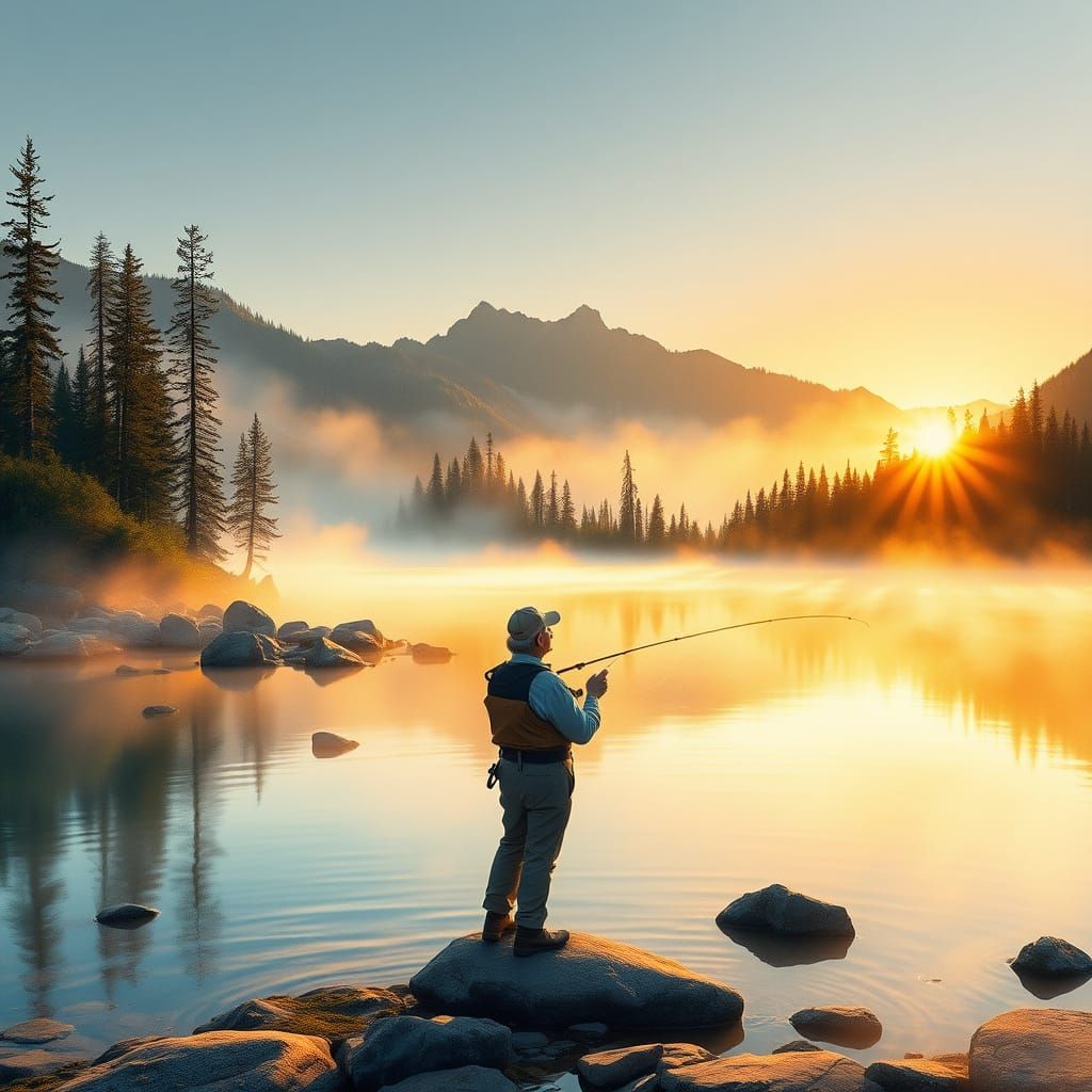 Serene Mountain Lake at Dawn, in Whimsical Watercolor Style