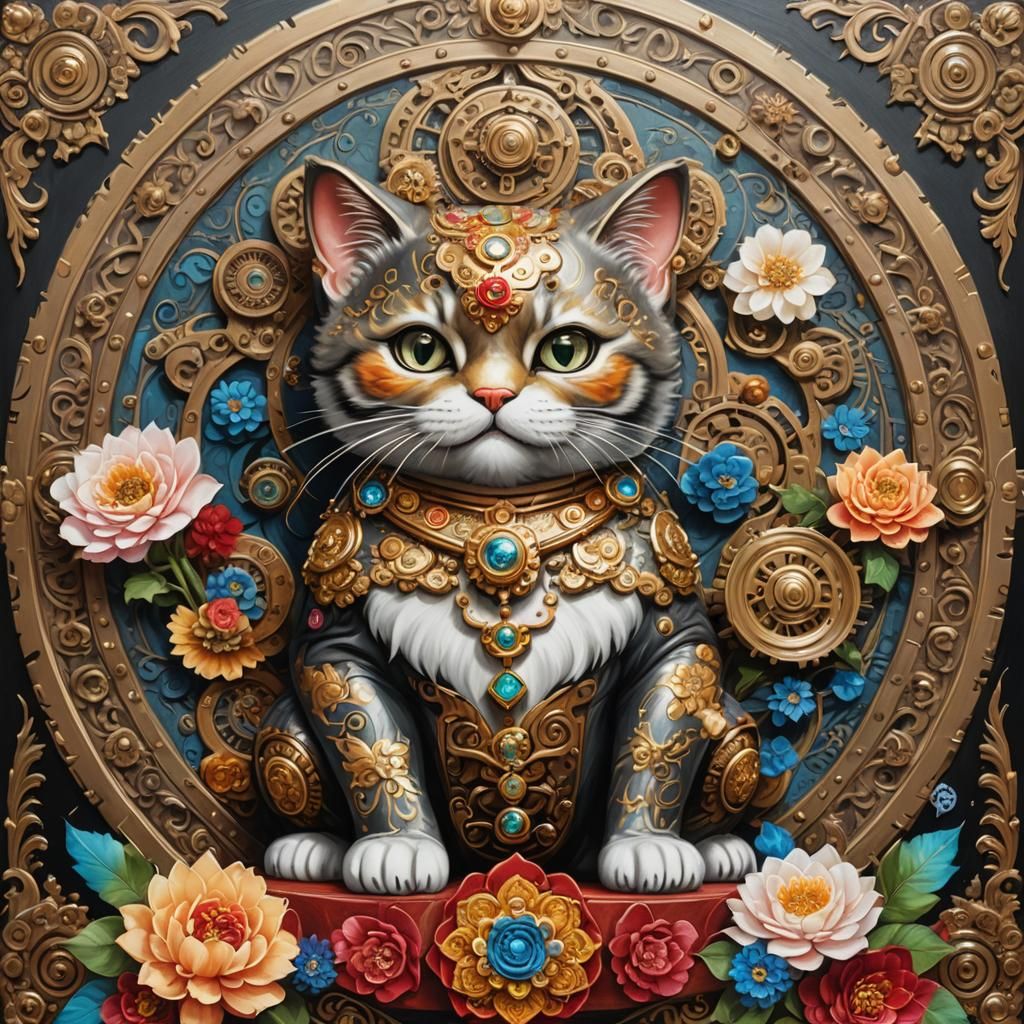 Baroque Maneki Neko with Steampunk Engine