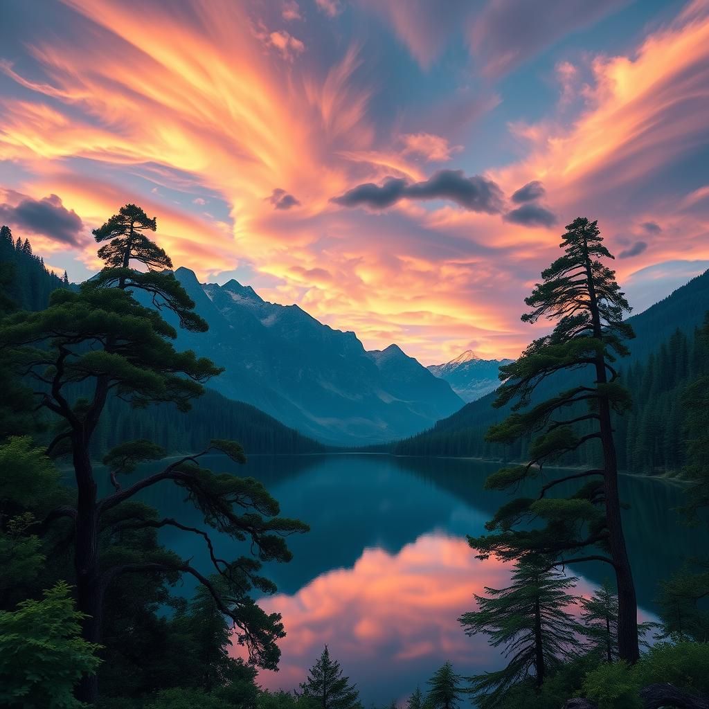 Serene Mountain Lake at Dusk, Fantasy Concept Art