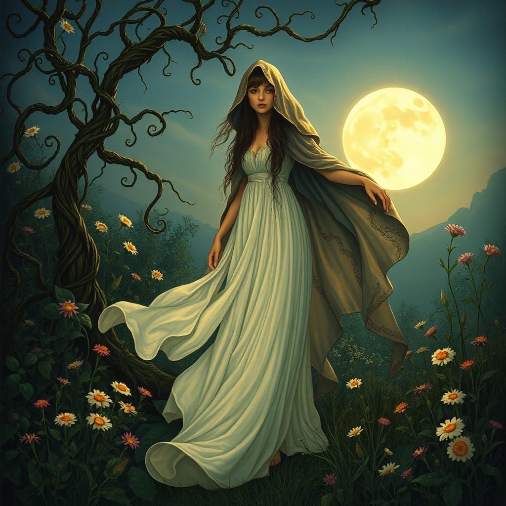 Mystical Woman in Dreamlike Garden Scene