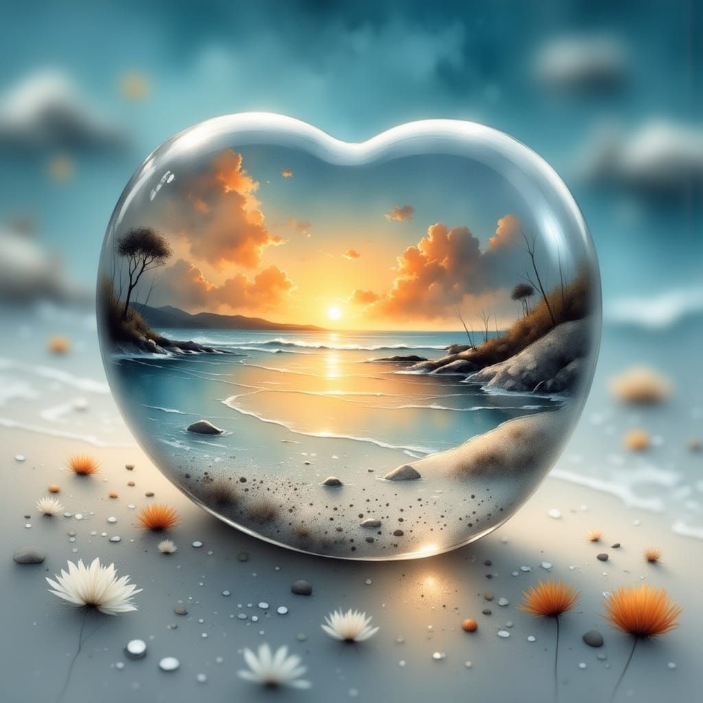 Heart-Shaped Crystal Sunset in Surreal Style