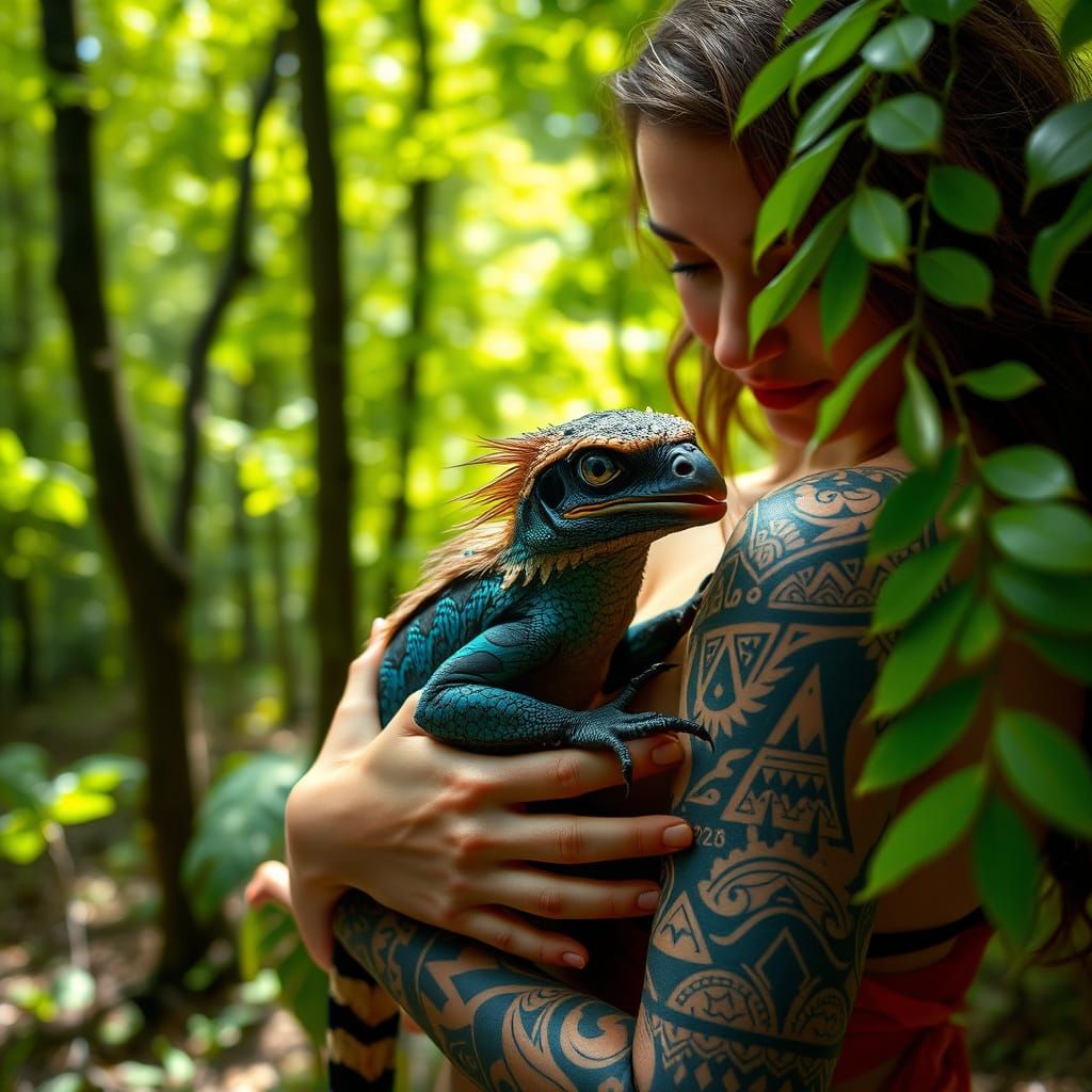 Woman Cradles Tattooed Microraptor in Lush Forest