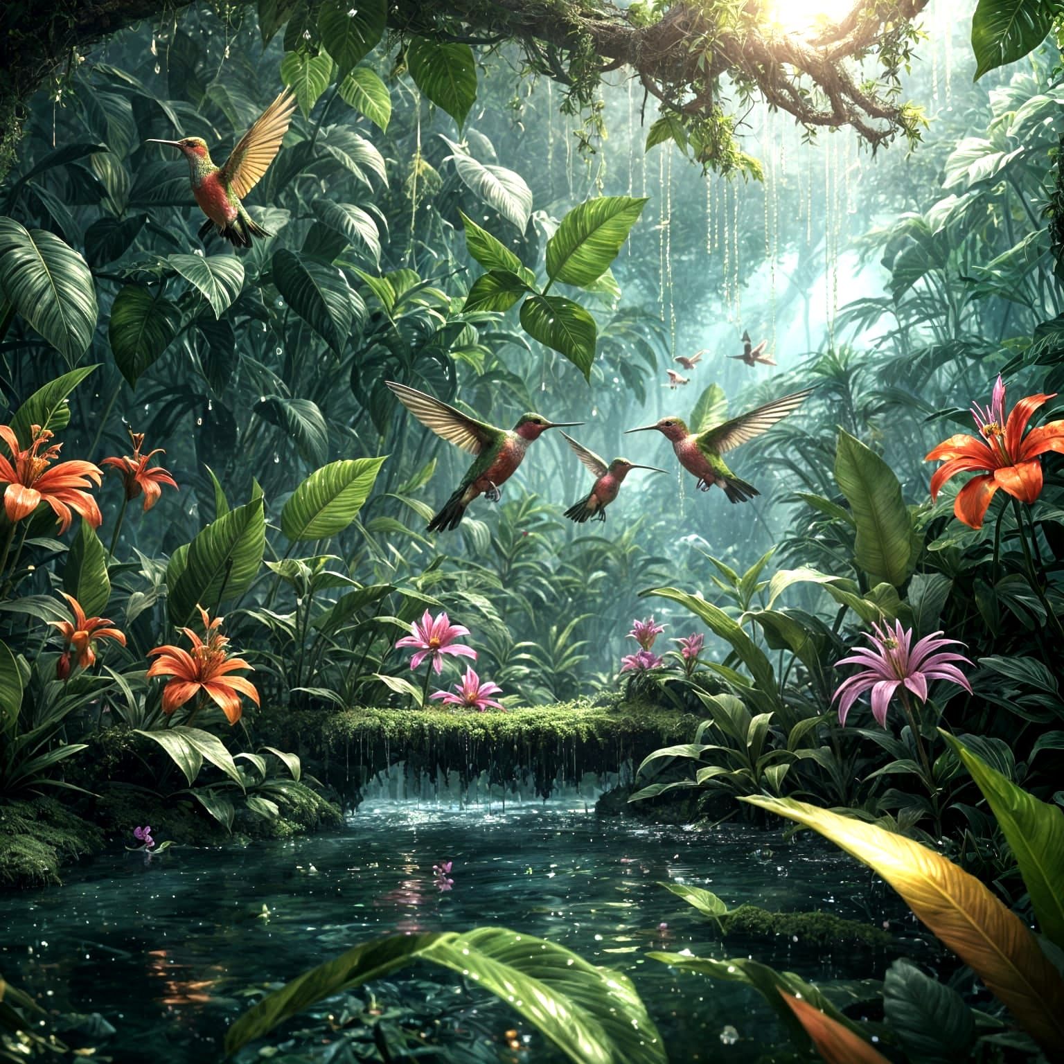 Iridescent Hummingbirds in a Glistening Jungle