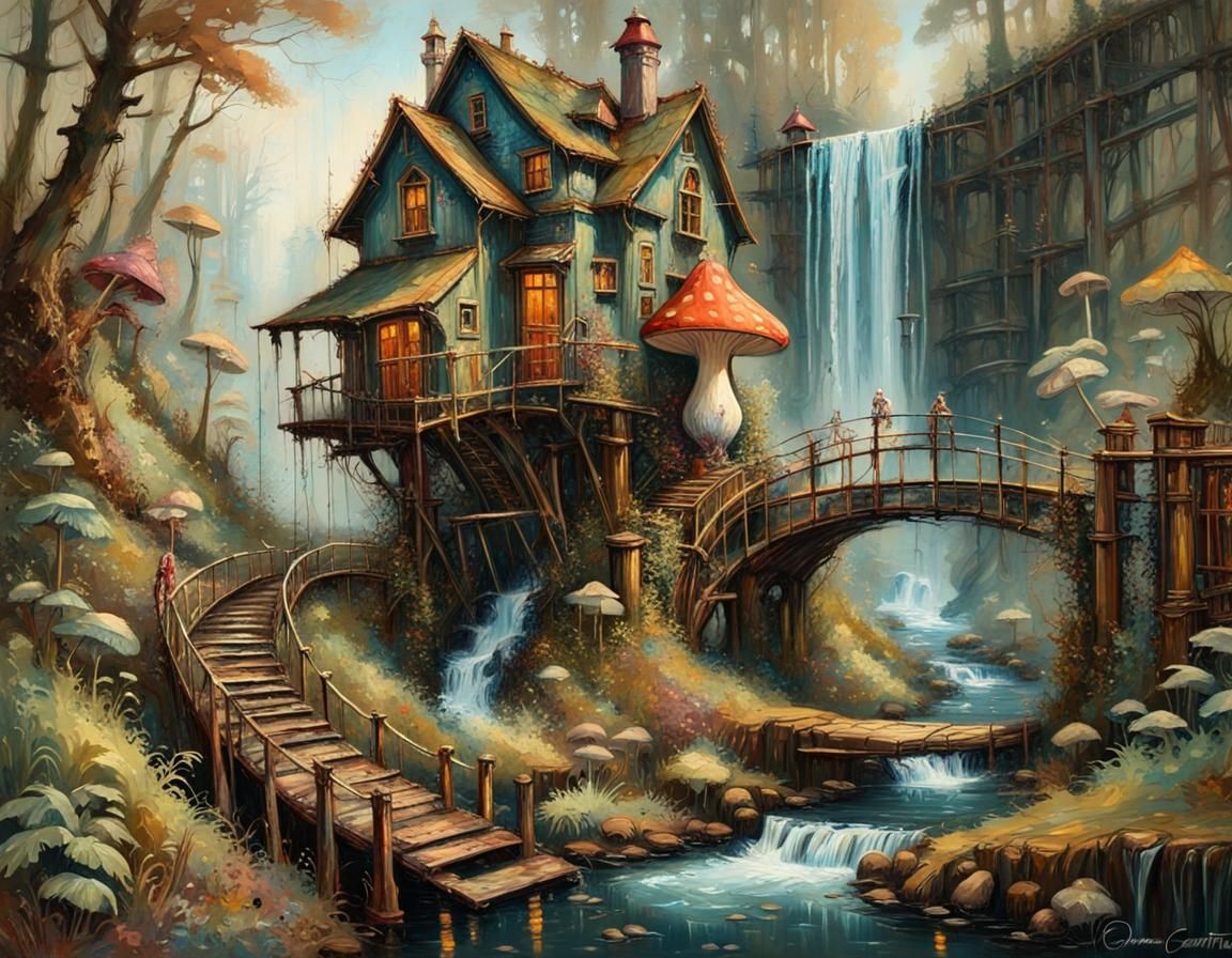 Miniature Mushroom House with Waterfall, Oil Painting