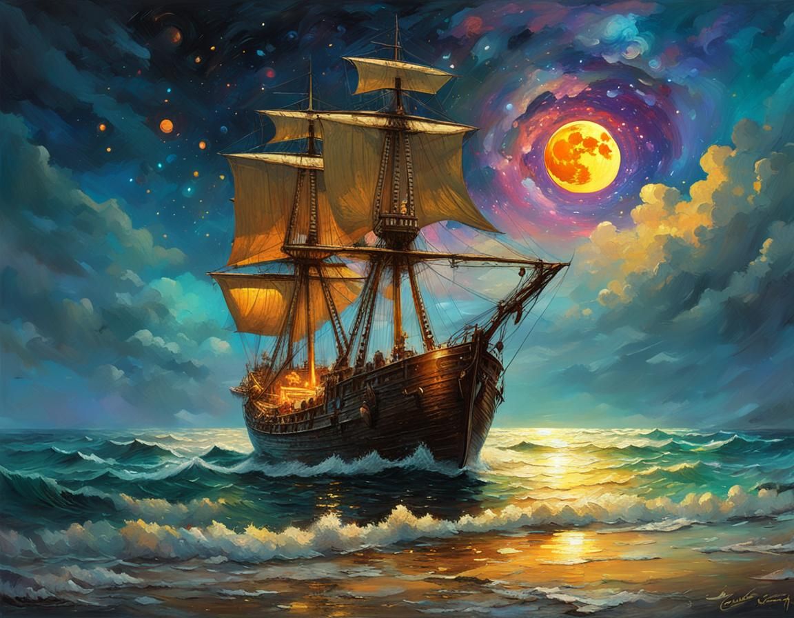 Golden Schooner Under a Luminous Moon, Matte Painting