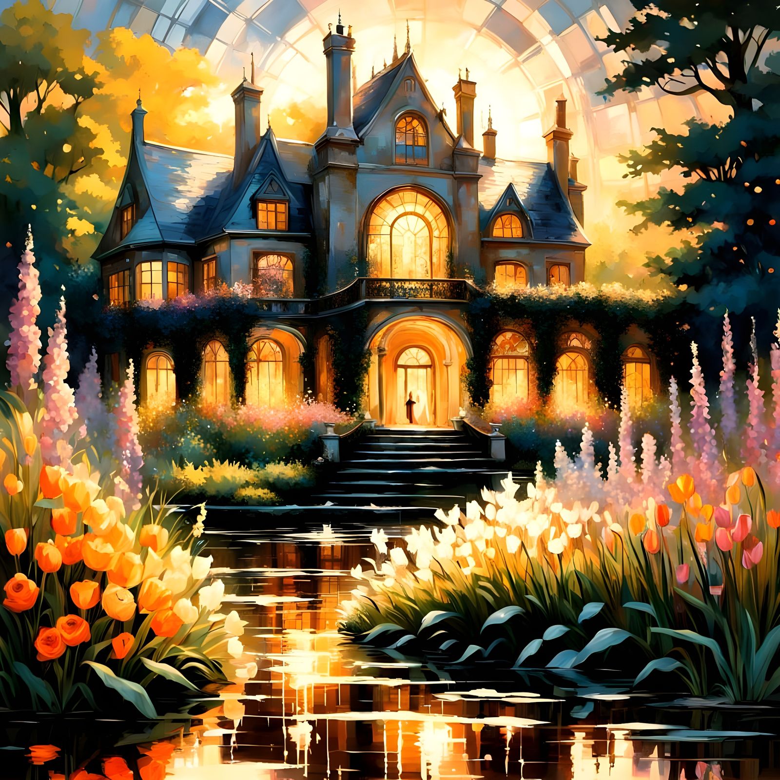 Magical English Garden Under Full Moonlight