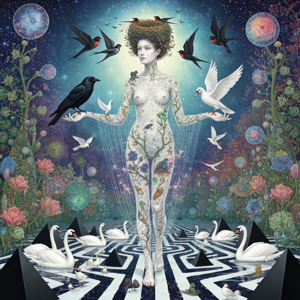 Ethereal Woman Dissolving into Birds Amidst Cosmic Energy