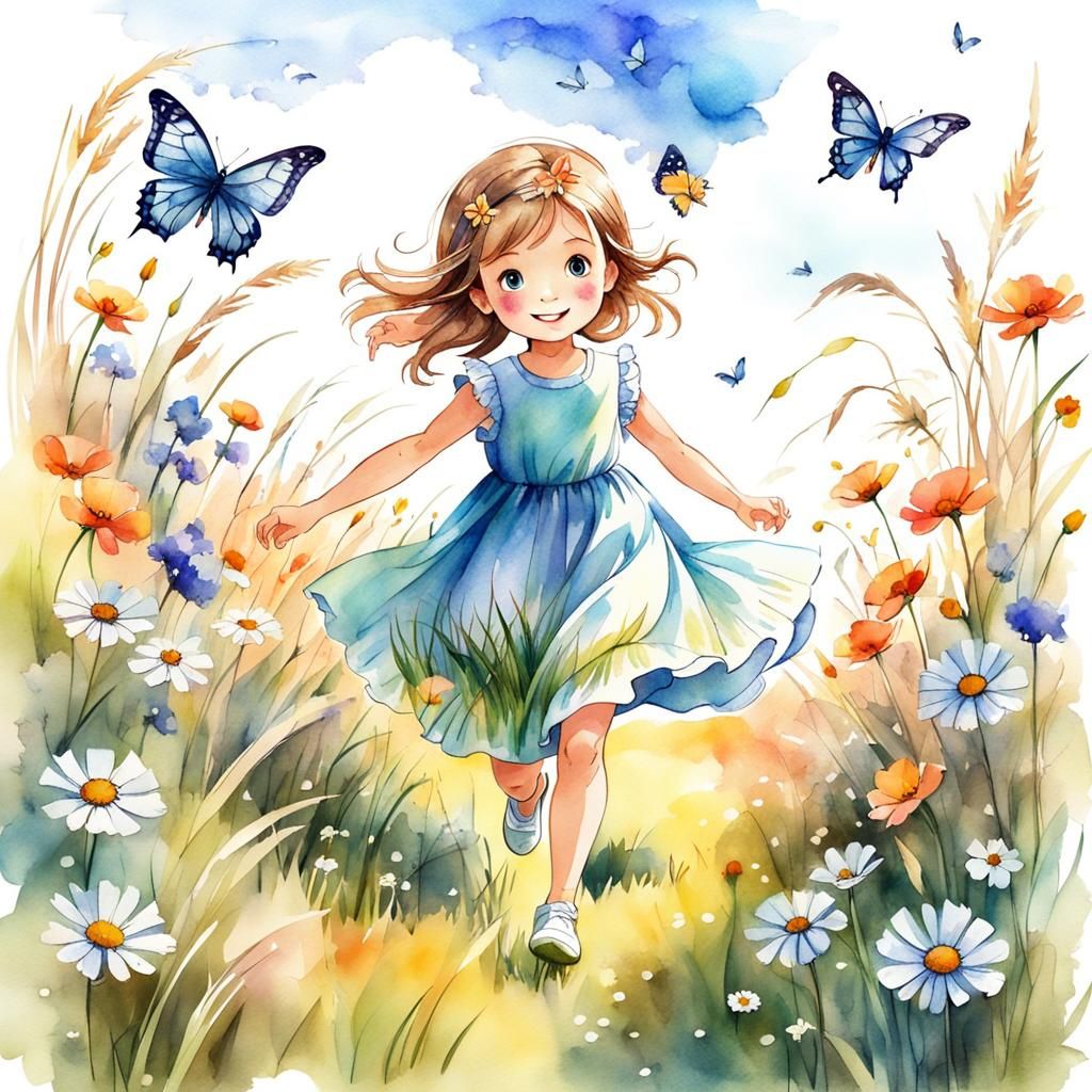 Girl in Meadow with Butterfly: Watercolor Illustration