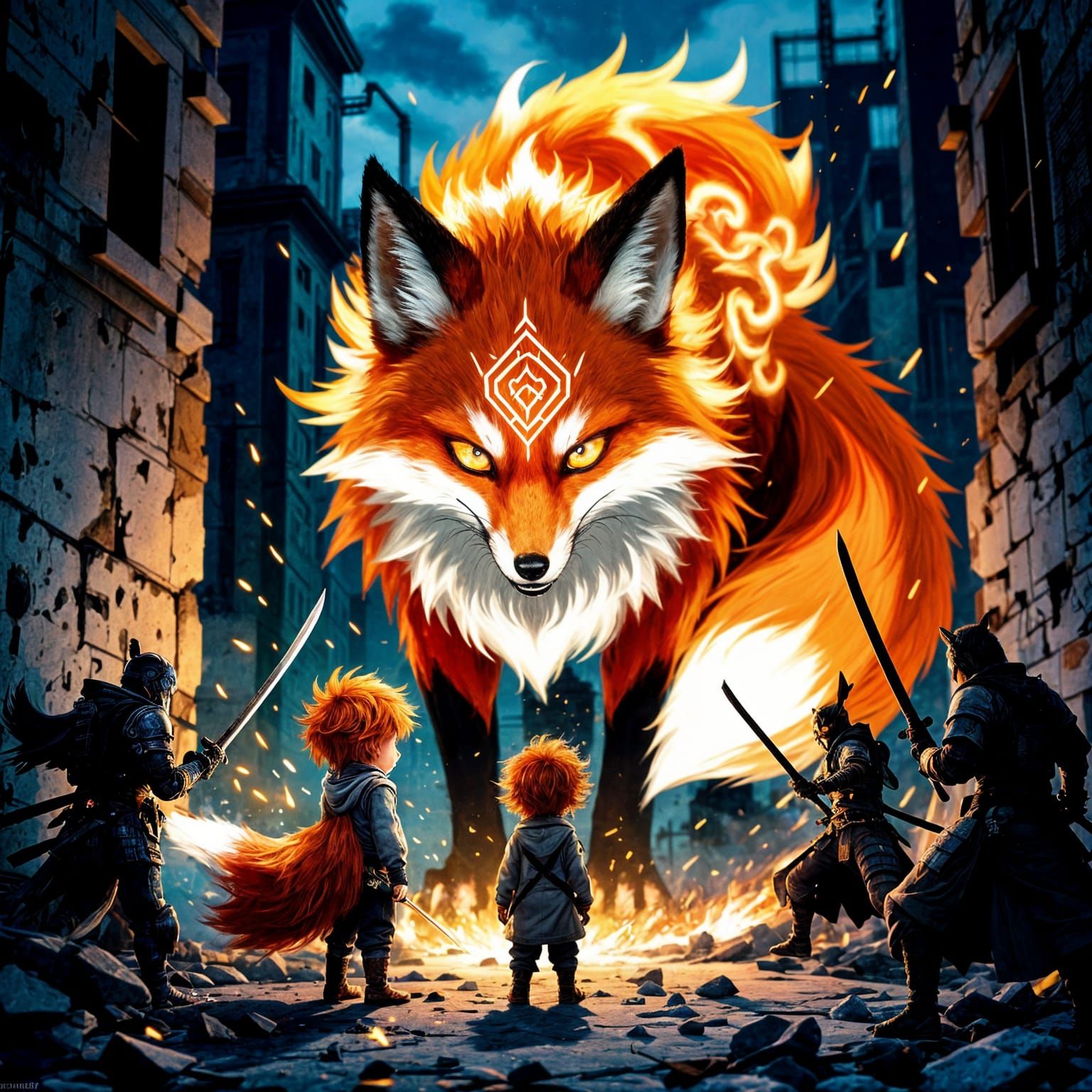 Anime Scene: Boy & Fox vs Samurai in Dystopian City