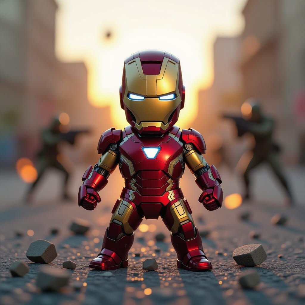 Baby Iron Man in Chaotic Battle, Gouache & Watercolor Style
