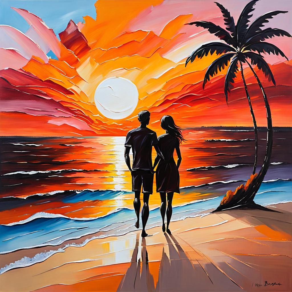 Sunset beach landscape warm colours, impressionistic brushstrokes with soft impasto. Soft canvas texture silhouette of l...