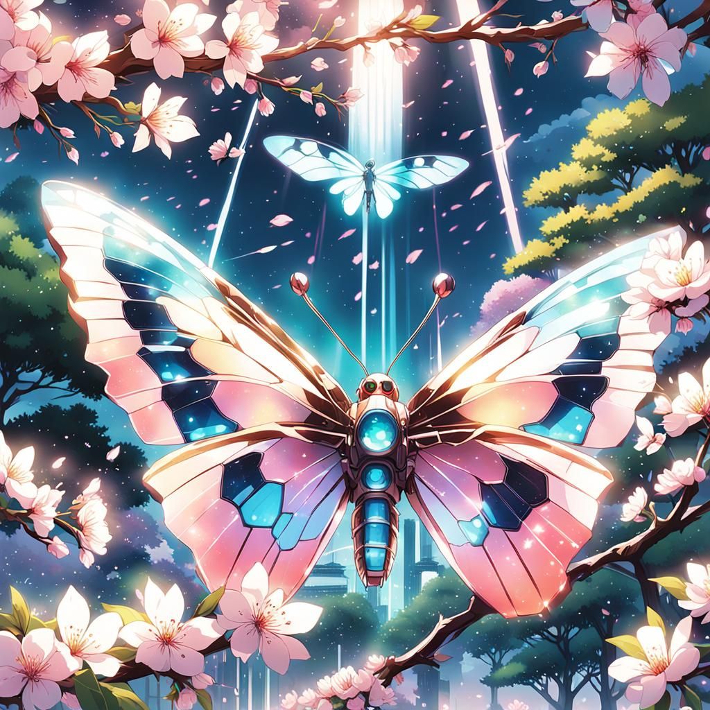Cybernetic Butterfly in Japanese Garden: Anime Key Art
