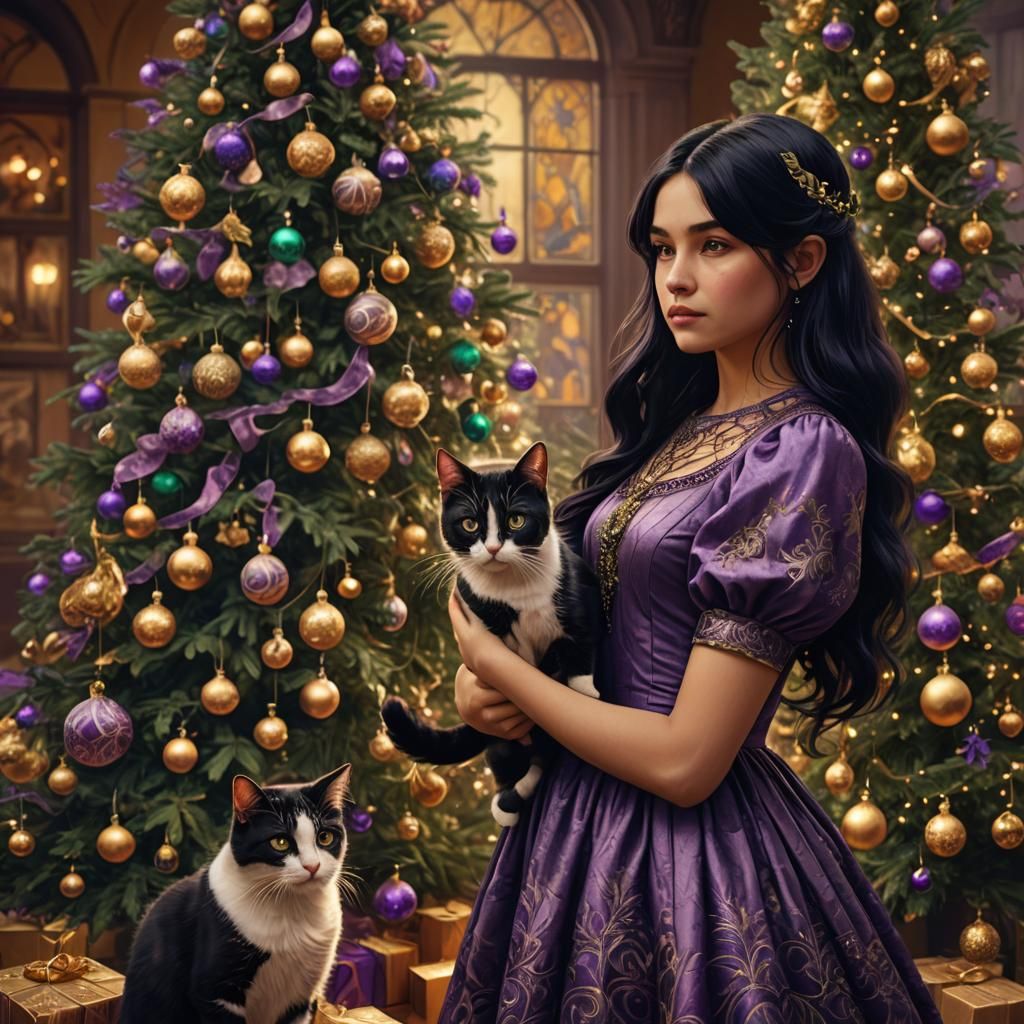 Jugendstil Girl with Cat at Christmas