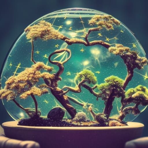 Bonsai Terrarium with Celestial Garden: Hyperrealistic Digit...
